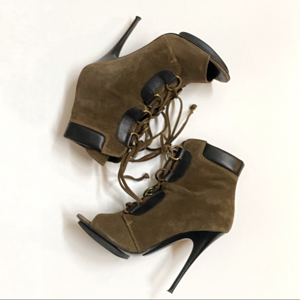 giuseppe zanotti green black suede leather lace up peep toe high heel ankle boot - Picture 5 of 9
